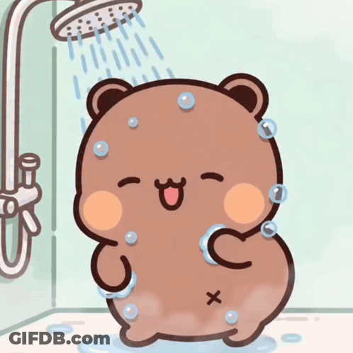 Cartoon Bear Taking Shower With Bubbles GIF