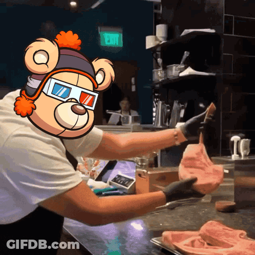 Cartoon Bear Wearing 3D Glasses Holding Meat GIF
