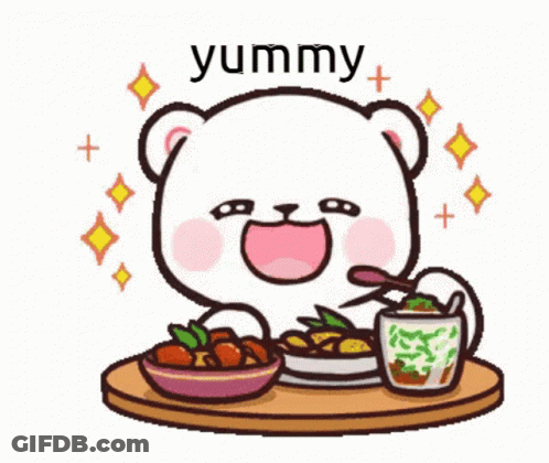 Cartoon Bear With Bowls Of Food And Tea GIF