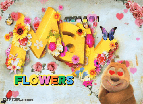 Cartoon Bear With Hearts Surrounded By Flowers GIF