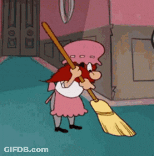 Cartoon Bearded Character Holding Broom GIF