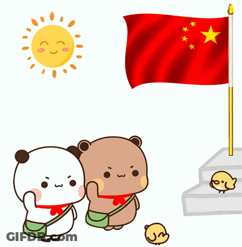 Cartoon Bears Standing Before Chinese Flag GIF
