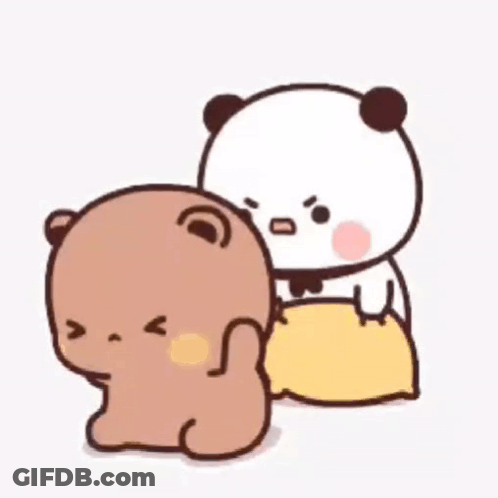 Cartoon Bears Standing Together One Holding Pillow GIF