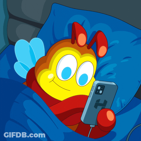 Cartoon Bee Laying In Bed Looking At Phone GIF