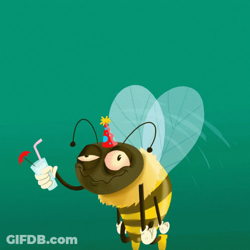 Cartoon Bee Wearing Party Hat Holding Drink GIF