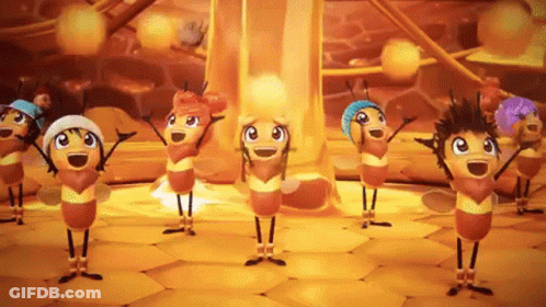 Cartoon Bees Dancing In Honeycomb Hive GIF