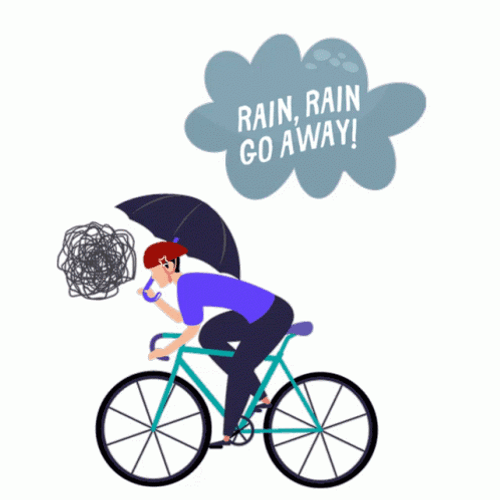 Cartoon Bicycle Rider Using Umbrella Rainy Day GIF