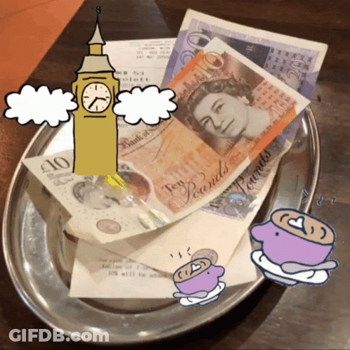 Cartoon Big Ben And Tray Of Pounds GIF