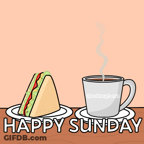 Cartoon Bird At Table With Coffee And Sandwich Happy Sunday GIF