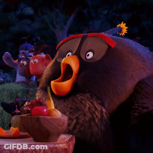 Cartoon Bird Eating Bowl Of Fruit GIF