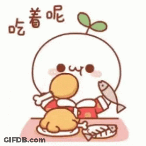 Cartoon Bird Eating Chicken And Fish With Chinese Writing GIF