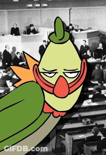 Cartoon Bird Giving Middle Finger In Front Of Group At Tables GIF