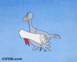 Cartoon Bird Holding Scroll With Letter E GIF