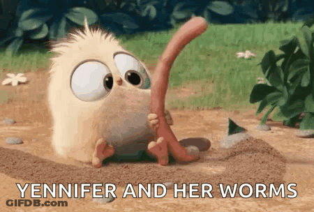 Cartoon Bird Holding Stick Says Yennifer And Worms GIF
