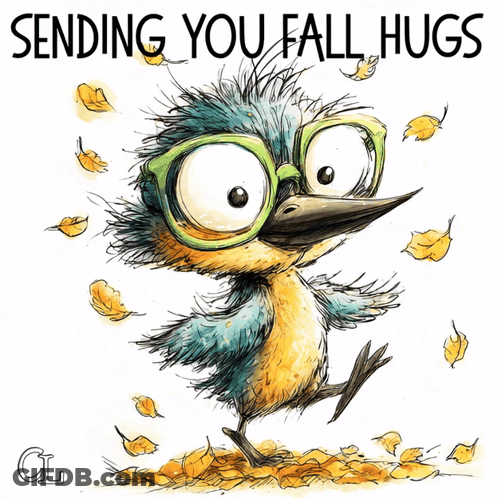 Cartoon Bird In Glasses Surrounded By Leaves Sending You Fall Hugs GIF