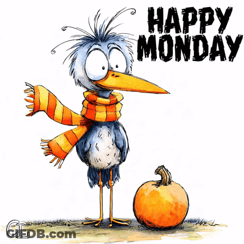 Cartoon Bird Next To Pumpkin Saying Happy Monday GIF