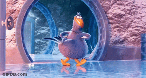 Cartoon Bird Standing In Water Near Round Window GIF