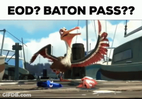 Cartoon Bird Standing On Wooden Dock Beside Fish GIF