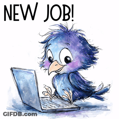 Cartoon Bird Typing On Laptop New Job GIF