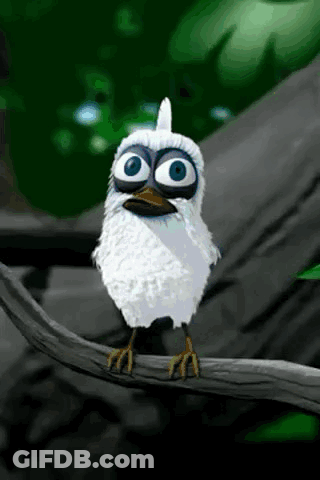 Cartoon Bird With Big Blue Eyes On Tree Branch GIF