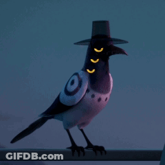 Cartoon Bird With Glowing Eyes On Railing GIF