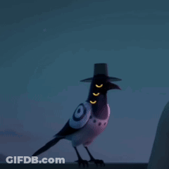 Cartoon Bird With Hat And Three Yellow Eyes Standing On Ledge GIF
