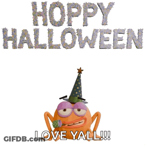 Cartoon Blowing Party Horn Saying Happy Halloween Love Yall GIF