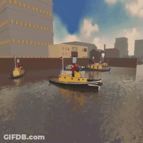 Cartoon Boats In Water With Star Building GIF