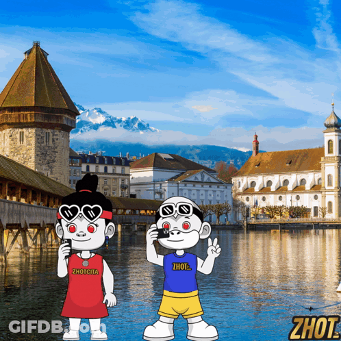 Cartoon Boy And Girl By Water With Zhot GIF