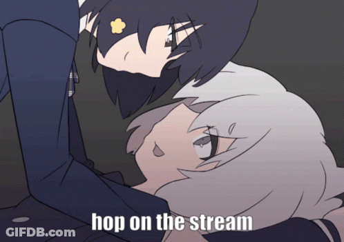 Cartoon Boy And Girl Saying Hop On The Stream GIF