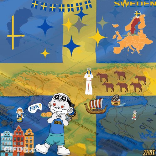 Cartoon Boy Before Map Of Sweden And Europe GIF