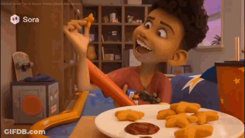 Cartoon Boy Eating Chicken Nuggets At Table GIF