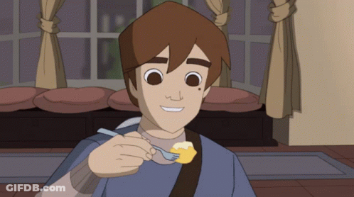 Cartoon Boy Eating With Fork And Smiling GIF