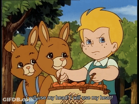 Cartoon Boy Holding Basket Of Carrots Saying I Will Use My Head GIF