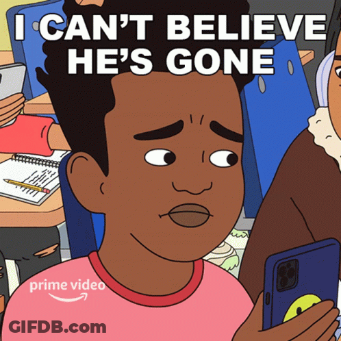 Cartoon Boy Holding Cell Phone Saying I Can't Believe He's Gone GIF