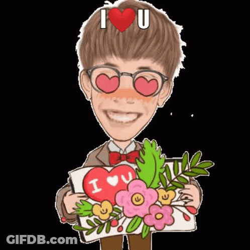 Cartoon Boy Holding Flowers And I Love You Card GIF