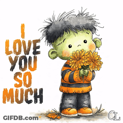 Cartoon Boy Holding Flowers Saying I Love You So Much GIF