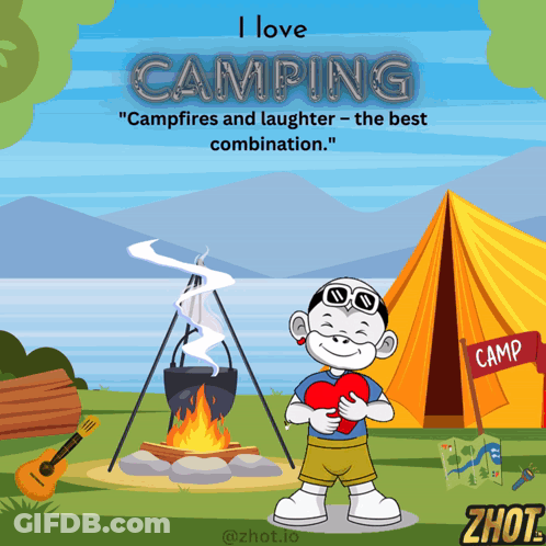Cartoon Boy Holding Heart At Camp Tent GIF
