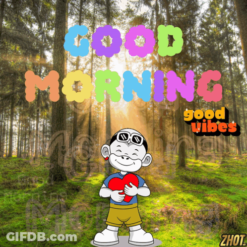 Cartoon Boy Holding Heart Good Morning Good Vibes GIF