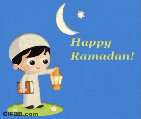 Cartoon Boy Holding Lantern Saying Happy Ramadan GIF