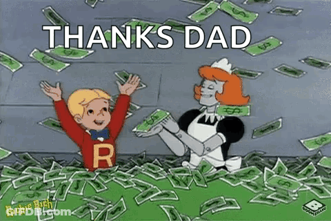 Cartoon Boy Holding Pile Of Money Next To Woman GIF