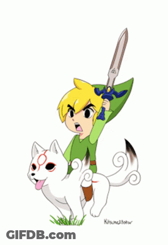Cartoon Boy Holding Sword Riding White Dog GIF