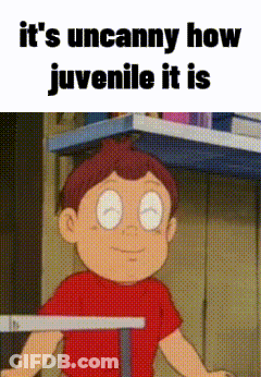 Cartoon Boy In Front Of Shelf Saying It's Uncanny How Juvenile It Is GIF