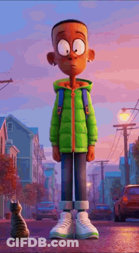 Cartoon Boy In Green Jacket Standing Next To Cat On Street GIF