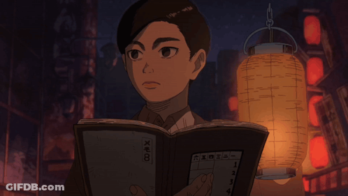 Cartoon Boy Reading Book With Chinese Writing GIF