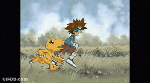 Cartoon Boy Running Away From Dinosaur GIF