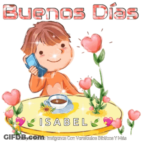 Cartoon Boy Sitting At Table With Coffee And Name Isabel GIF