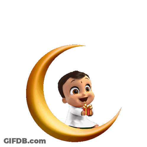 Cartoon Boy Sitting On Crescent Moon Holding Gift GIF