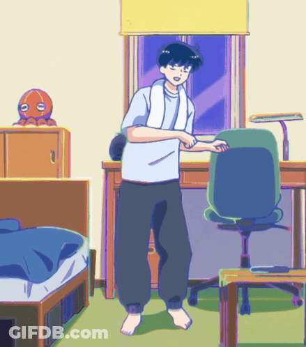Cartoon Boy Standing In Front Of Bedroom Desk GIF