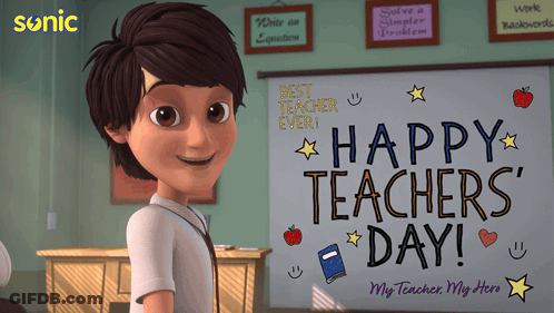 Cartoon Boy Standing In Front Of Whiteboard Saying Happy Teachers Day GIF